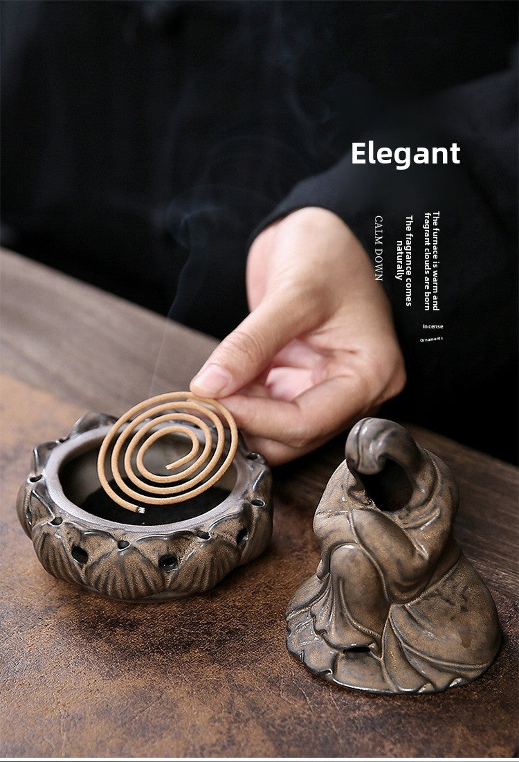zensoullab Ceramic Zen Unfettered Buddha Incense Burner Home Indoor Antique Creative Coil Incense Burner Sandalwood Agarwood Craft Ornament