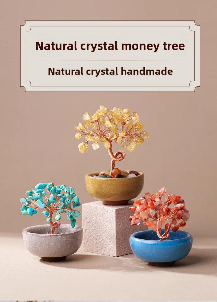 zensoullab Natural Yellow Crystal Wealth Tree Tea Cup Base Treasure Bowl Crystal Tree Crystal Money Tree Desktop Wealth-Attracting Ornament