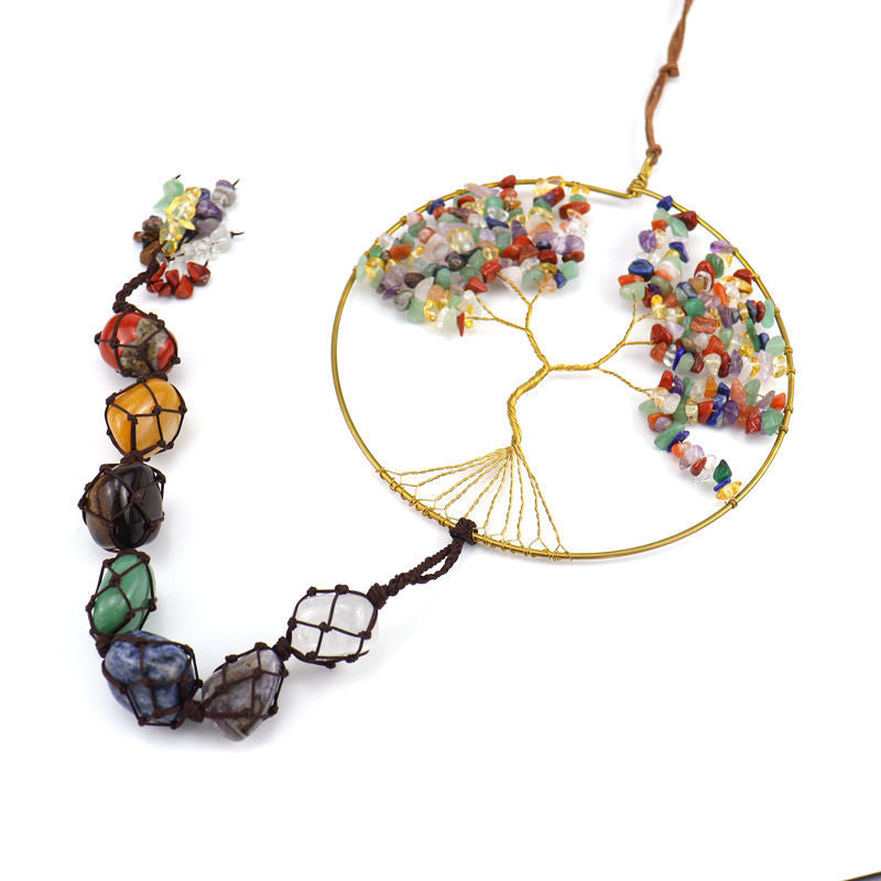zensoullab7 Colorful Stone Seven Colors Crystal Raw Stone Hand-woven Pendant Natural Stone Tree of Life Car Hanging Dream Catcher Ornament