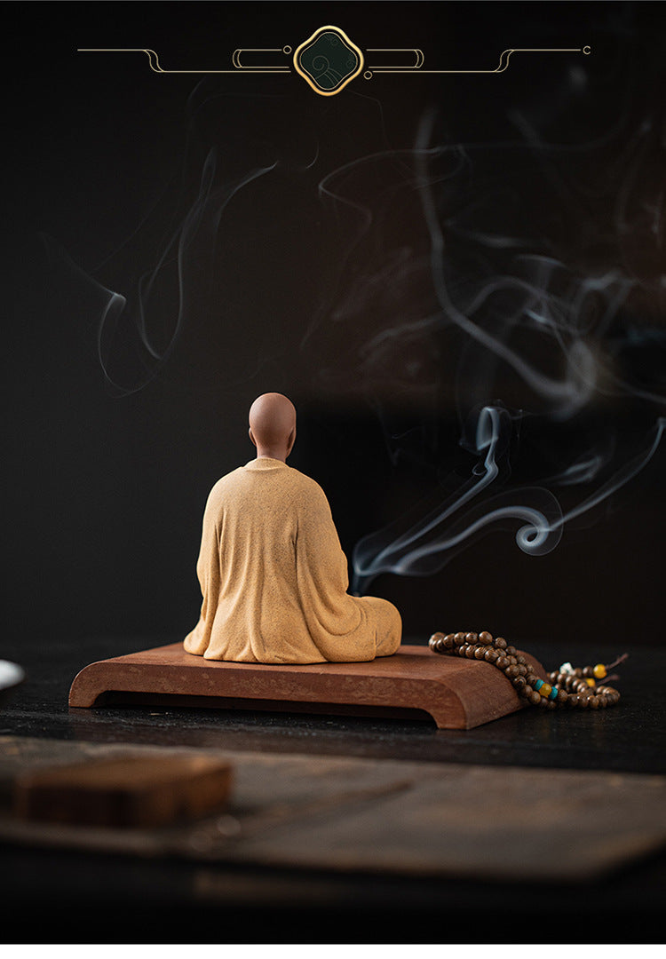 zensoullab Dust-Free Zen Little Monk Purple Clay Figurine Ceramic Figure Ancient Style Tea Room Display Stand Desktop Decoration