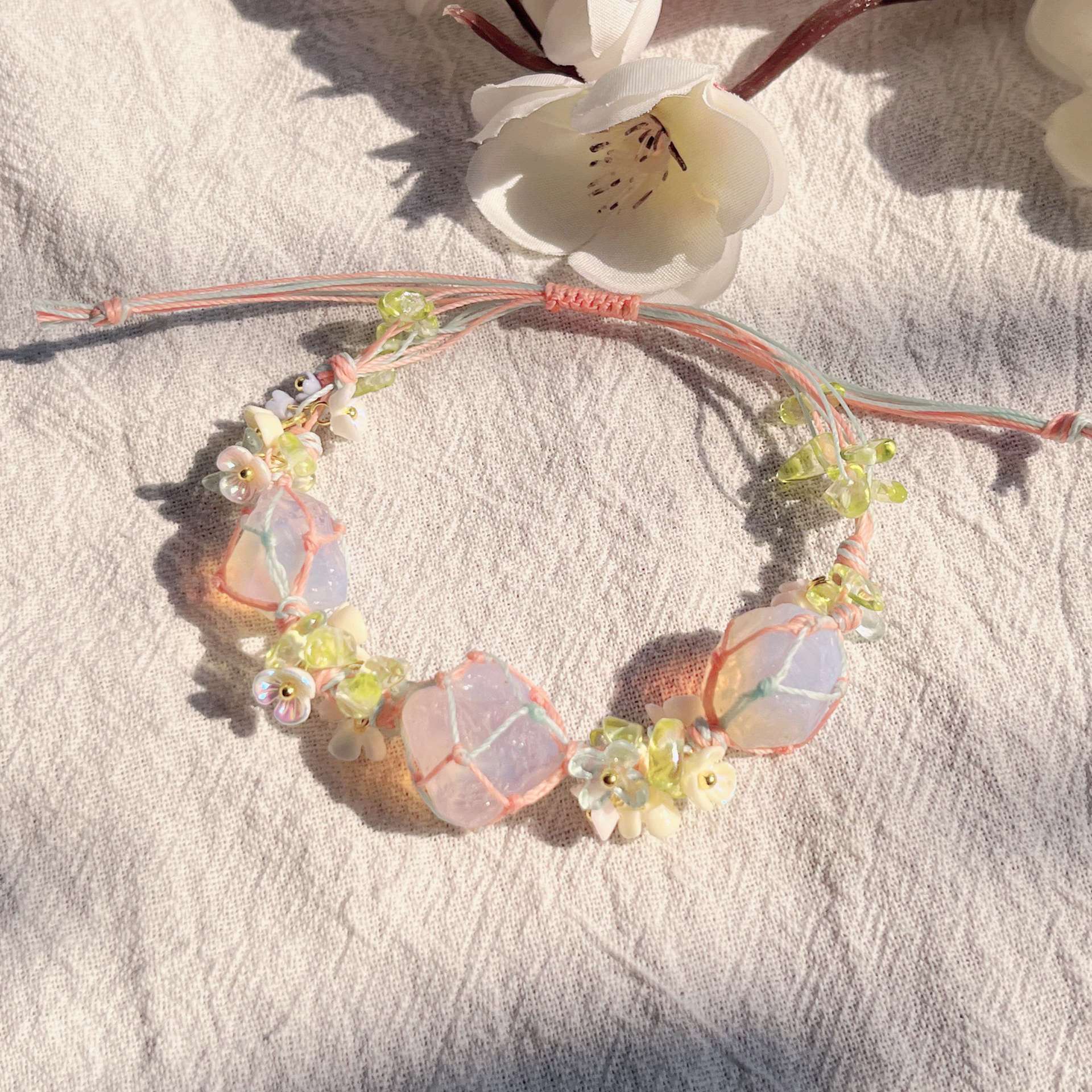 zensoullab Endless Summer Handwoven Protein Raw Stone Bracelet Net Pocket Hand Rope Pink Crystal Bracelet Lily of the Valley Jade