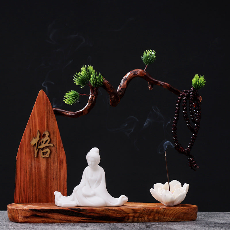 zensoullab Chinese Zen Style Formless Buddha Welcoming Guest Pine Root Carving Set Living Room Wine Cabinet Entrance Ceramic Li Bai Tea Table Home Decor