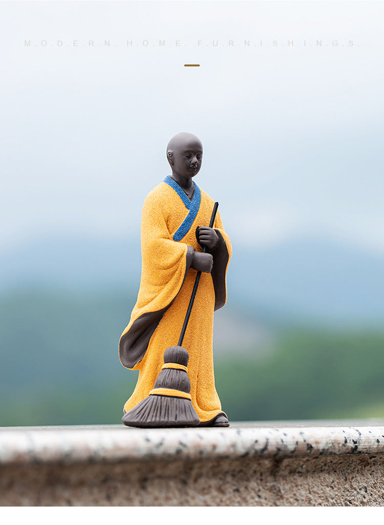 zensoullab Sweeping Monk Ceramic Little Monk Creative Ornament Chinese Style Study Office Zen Desktop Decoration Craft Display