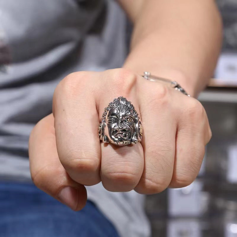 Zensoullab Men's Domineering Buddha Magic a Flash of Thought Buddha Magic Open Ring Vintage Thai Silver Niche Punk Ring