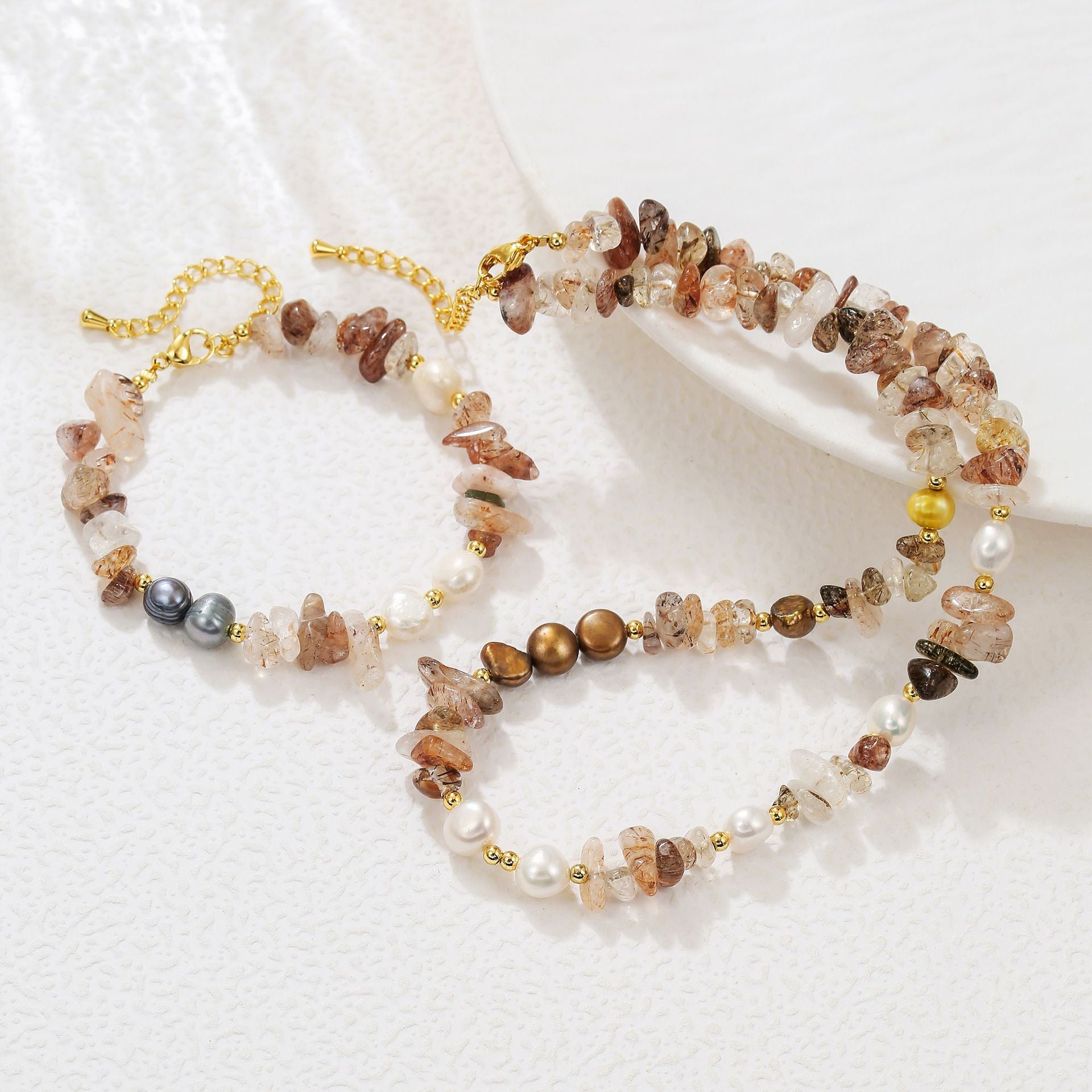 zensoullab Freshwater Pearl Natural Stone Bead Necklace Bracelet Melad Gold Rutilated Quartz Sweater Chain High-end
