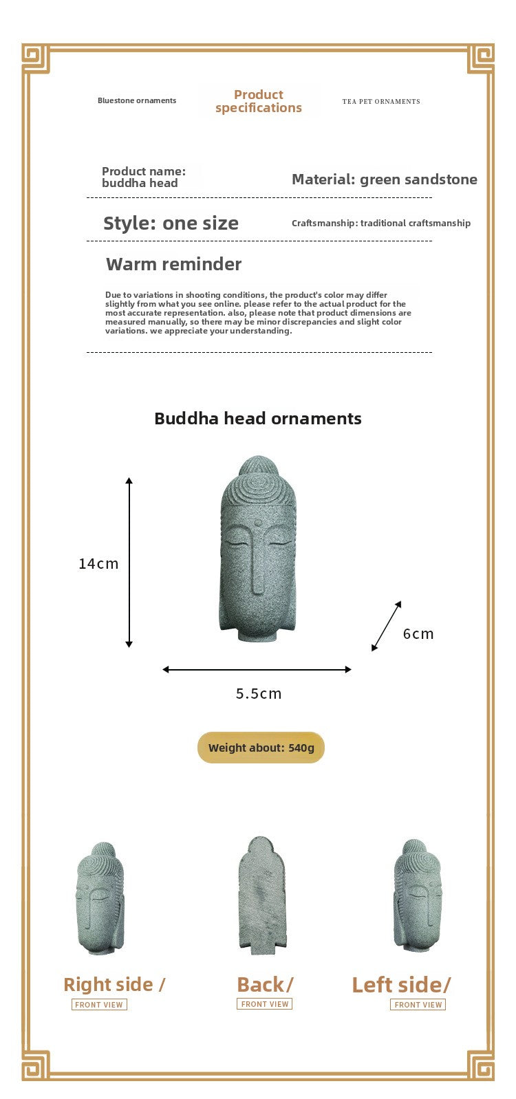 zensoullab Chinese Style National Trend Creative Stone Tea Pet Northern Wei Dynasty Buddha Head Home Office Decoration Green Sand Stone Zen Ornament