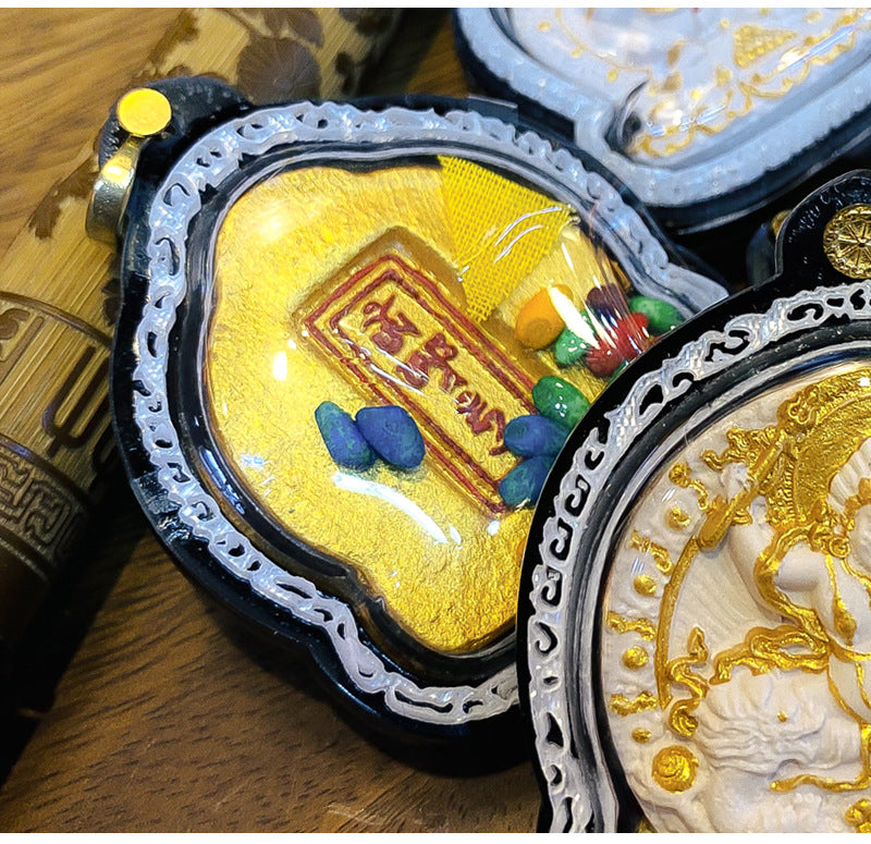 zensoullab Gawu Box Pendant Hand-painted Incense Ash Rubbing Three-dimensional Thangka Buddha Statue Yellow God of Wealth Five-way God of Wealth Buddha Amulet Men and Women Necklace