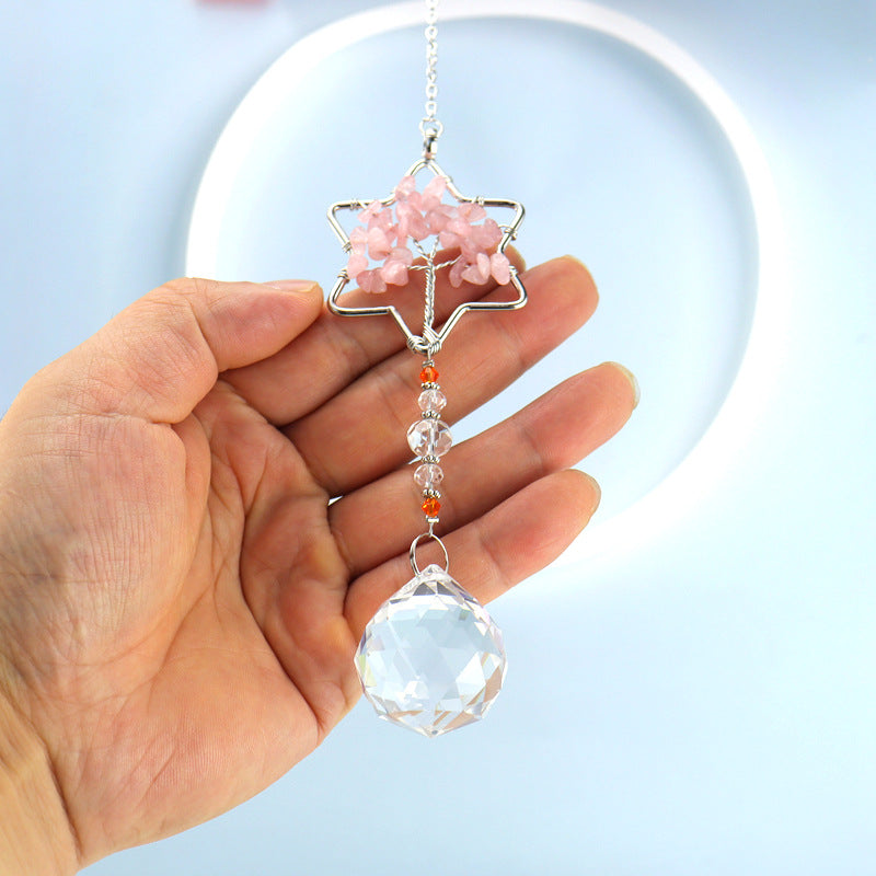 zensoullab Rose Quartz Crushed Stone Tree of Life Crystal Pendant Hanging Ornament Indoor Curtain Decoration Hanging Accessories