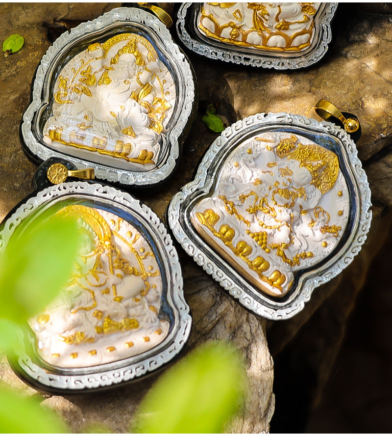 zensoullab Gawu Box Pendant Hand-painted Incense Ash Rubbing Three-dimensional Thangka Buddha Statue Yellow God of Wealth Five-way God of Wealth Buddha Amulet Men and Women Necklace