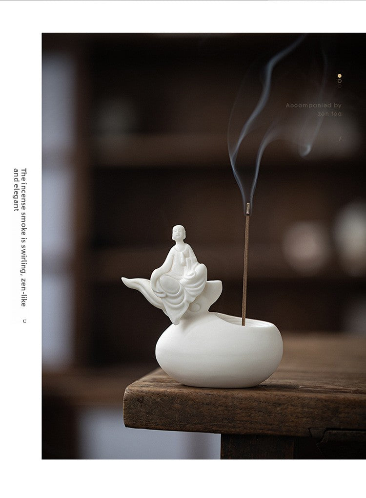 zensoullab Premium White Porcelain Incense Burner Little Monk Incense Holder Home Indoor Zen Style Formless Buddha Ornament Sandalwood Agarwood Aromatherapy Burner