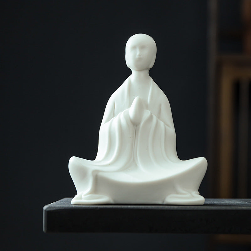 zensoullab Zen Ceramic Formless Buddha Chinese Style Living Room Tea Room Desktop Ornament White Porcelain Little Monk Fish Tank Bonsai Decoration Figurine