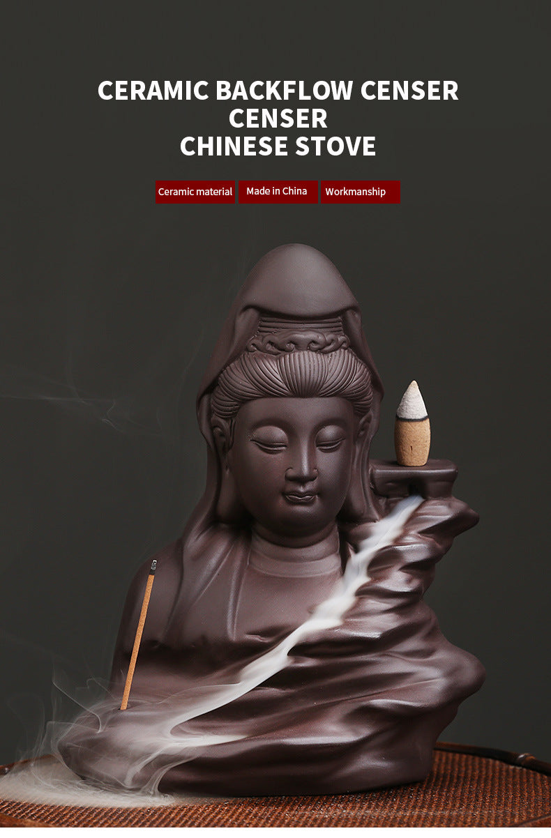 zensoullab Purple Clay Avalokiteshvara Backflow Incense Burner Original Mountain Water Flowing Bodhisattva Waterfall Backflow Incense Burner Home Decoration