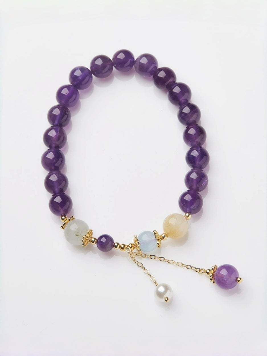 zensoullab Niche Design Natural 8MM Amethyst Bracelet for Women with Pearl Tassel Women's Bracelet Jewelry