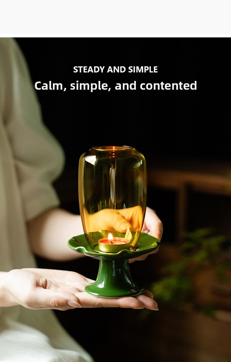 zensoullab New Chinese Style Forbidden City Red Morning Glory Candle Holder Ceramic Base Zen Glass Lampshade Aromatherapy Home Tea Ceremony Accessories Ornament