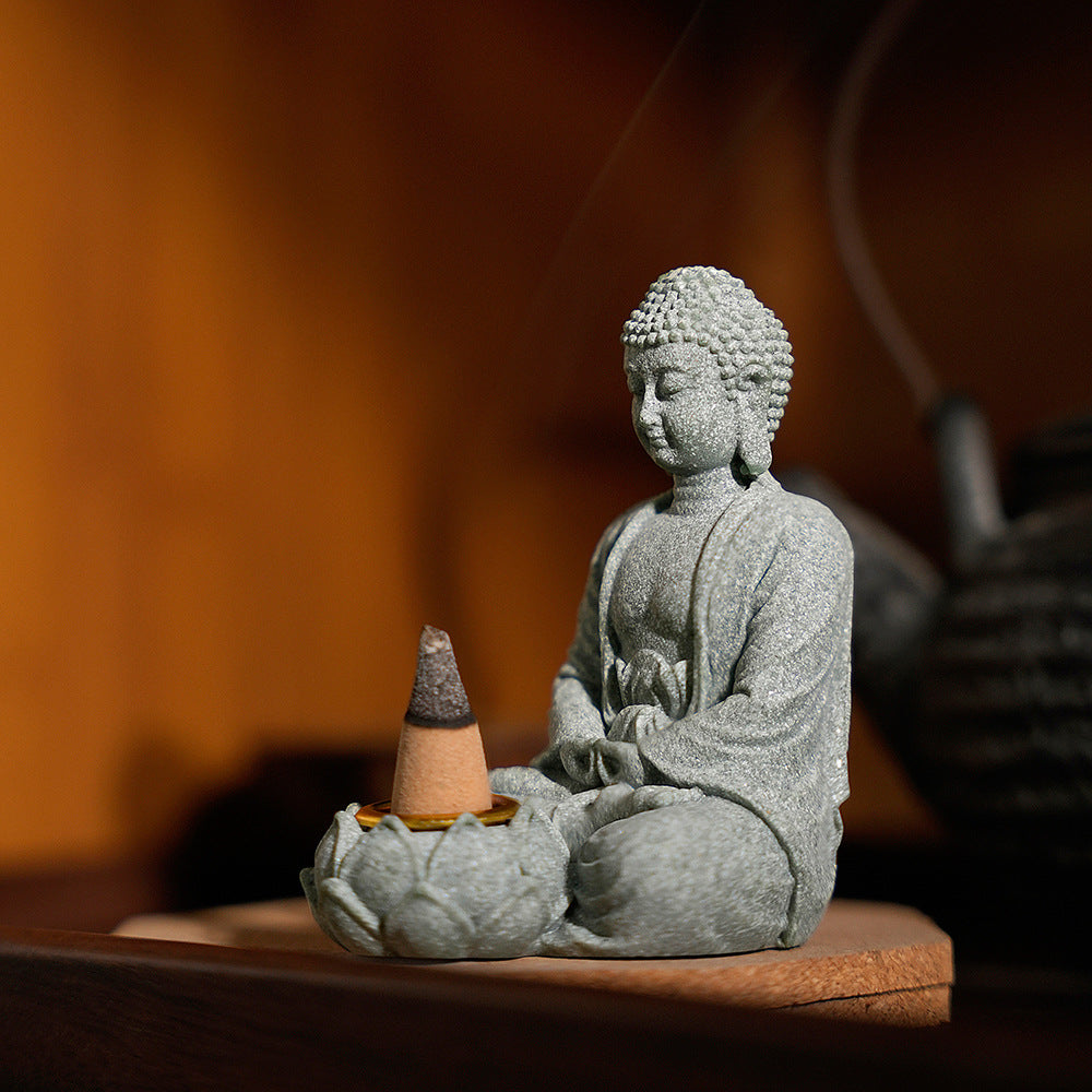 zensoullab New Green Sand Stone Buddha Statue Ornament Aromatherapy Decoration Living Room Zen Tea Tabletop Stone Small Sitting Buddha Incense Burner Ornament