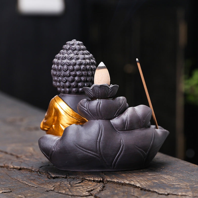 zensoullab Purple Clay Lotus Leaf Backflow Incense Burner Home Decor Creative Lotus Gold-Plated Buddha Incense Backflow Burner