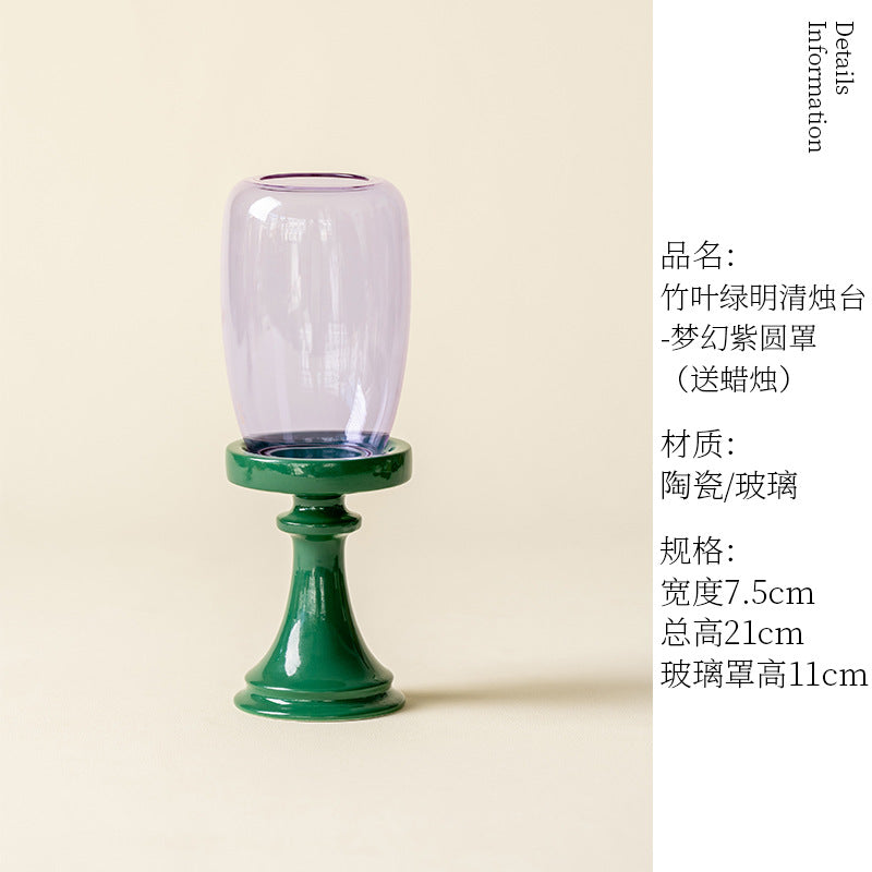 zensoullab Bamboo Leaf Green Ming Qing Candle Holder Glass New Chinese Style Aromatherapy Candle Tea Room Atmosphere Small Candle Holder Tea Ceremony Ornament