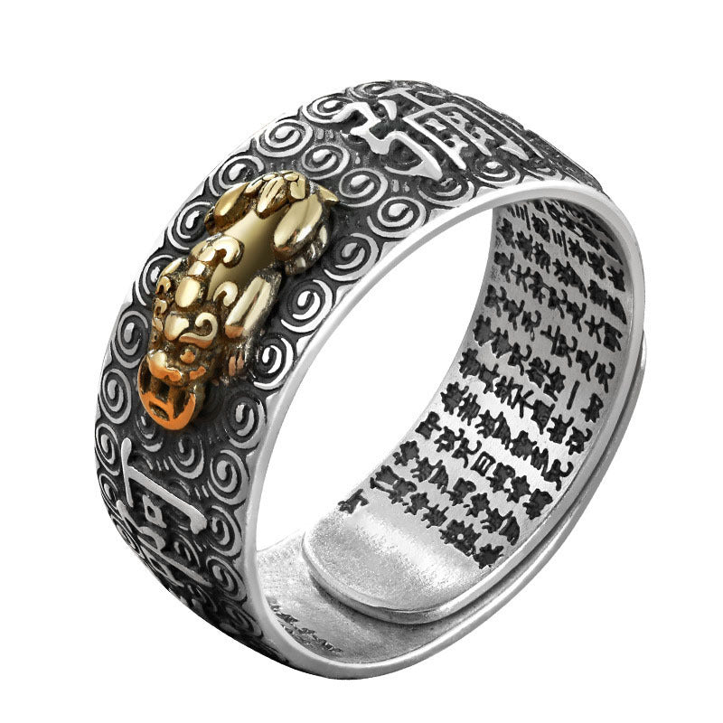 zensoullab Vintage Eight Guardian Deities Ring for Men Heart Sutra Zodiac Year Open Ring Imitation Thai Silver Six-Word Mantra Men's Ring