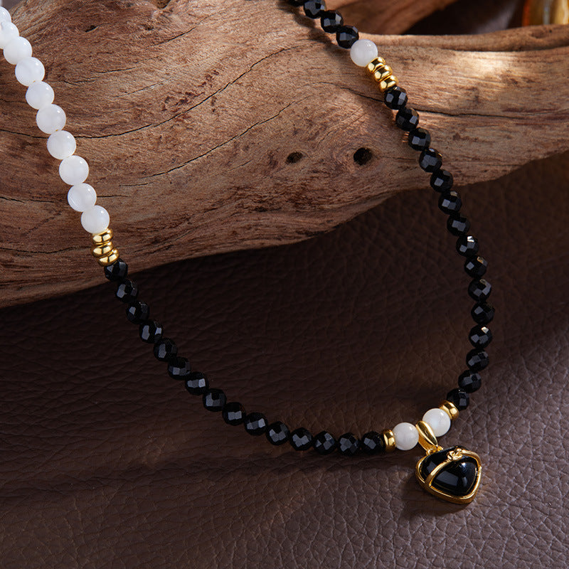 Zensoullab Special-Interest Design Advanced Natural Black Pointed Crystal Beaded with Black Agate Pendant Heart Shaped Love Necklace Female S925 Sterling Silver