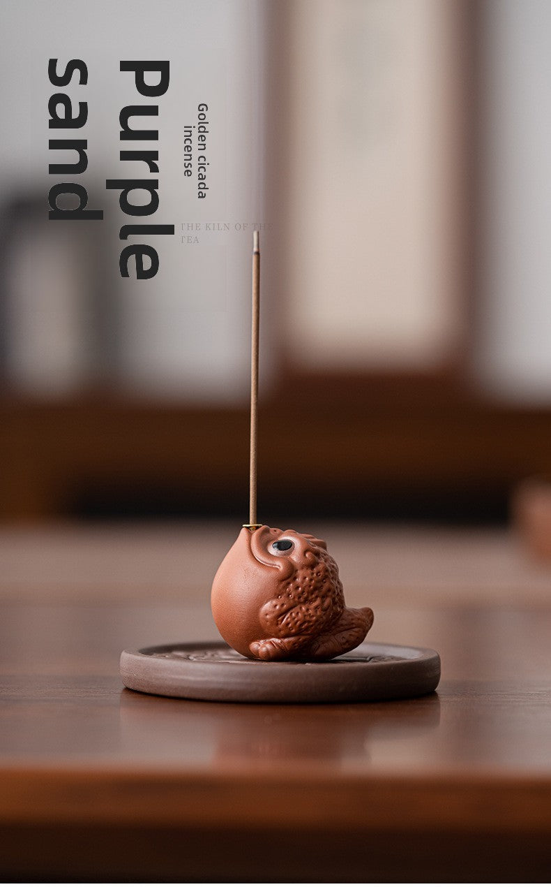 zensoullab Creative Ceramic Cute Fortune Golden Toad Purple Clay Tea Pet Ornament Aromatherapy Burner Home Indoor Incense Holder Incense Stand Incense Ceremony