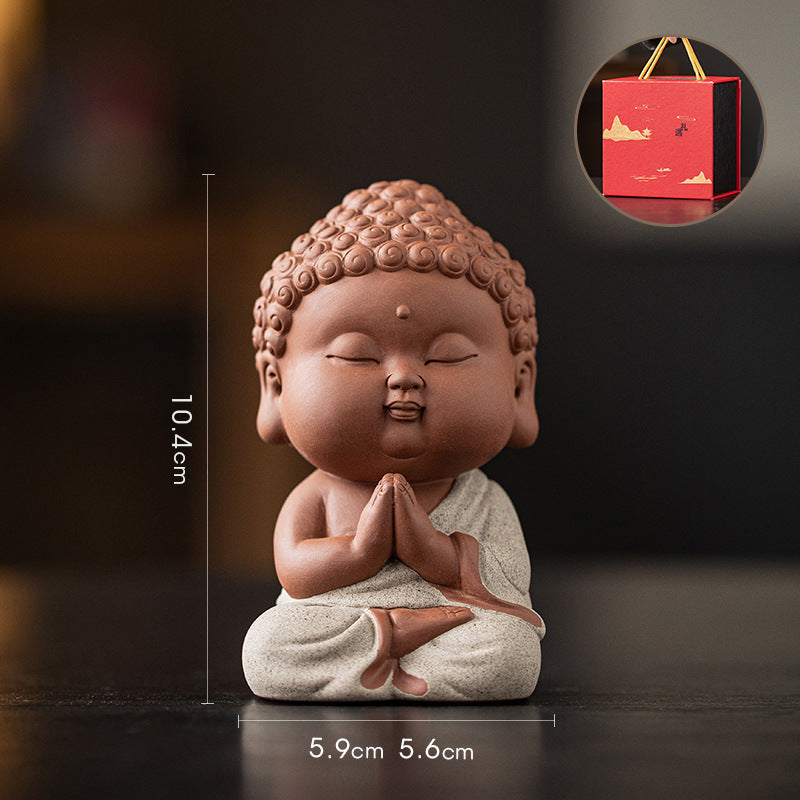 zensoullab Zen Purple Clay Small Buddha Figurine Cute Buddha Statue Chinese Style Home Tea Room Curio Shelf Tea Table Decoration