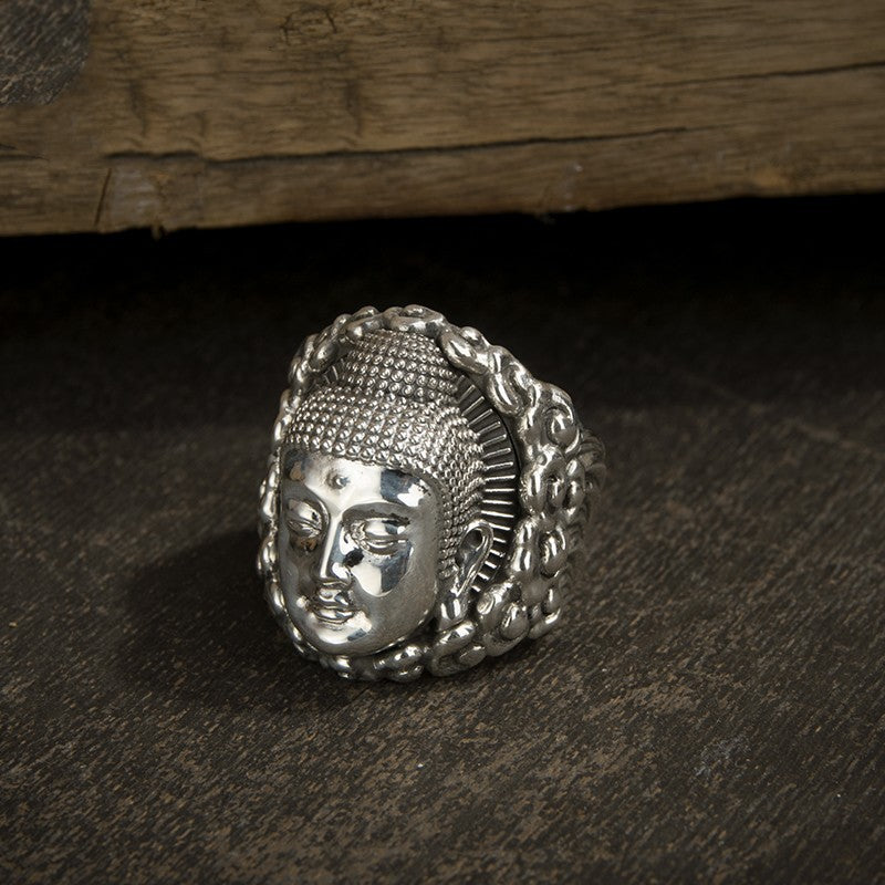 zensoullab Ethnic Style Thai Silver Amitabha Buddha Ring Vintage Great Sun Tathagata Buddha Head Personality Ring
