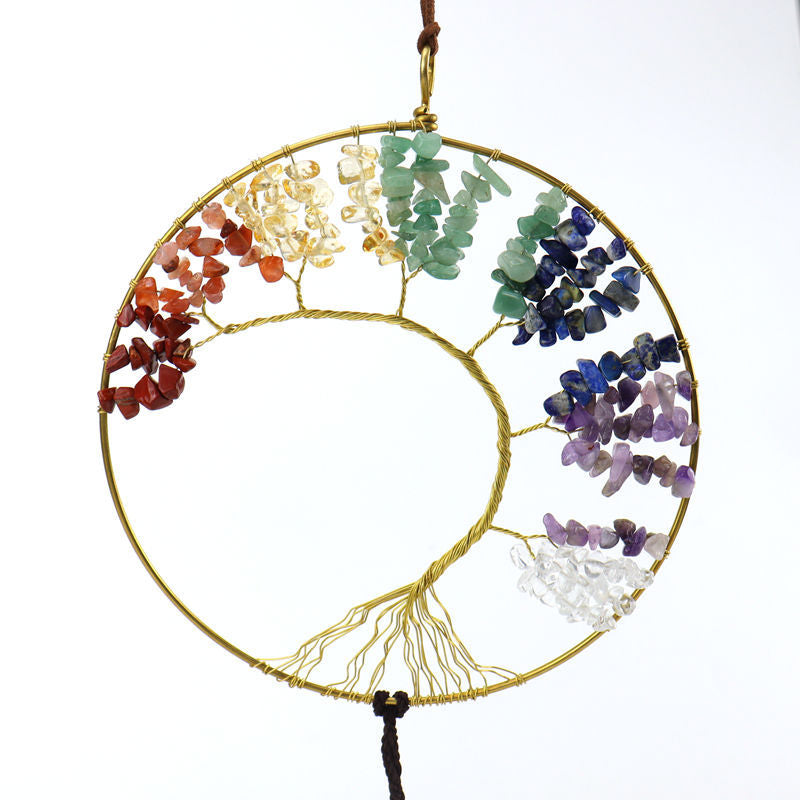 zensoullab7 Colorful Stone Seven Colors Crystal Raw Stone Hand-woven Pendant Natural Stone Tree of Life Car Hanging Dream Catcher Ornament