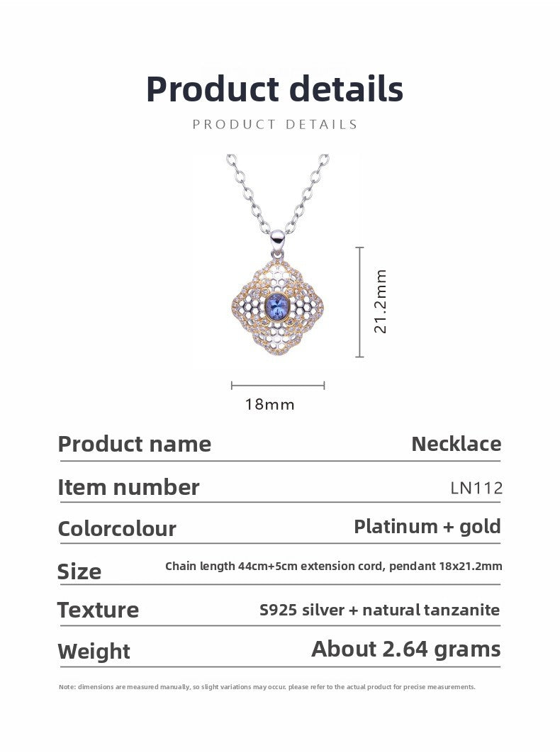 zensoullab Natural Tanzanite Hollow Pendant S925 Sterling Silver Necklace for Women Vintage Versatile Collarbone Chain Jewelry