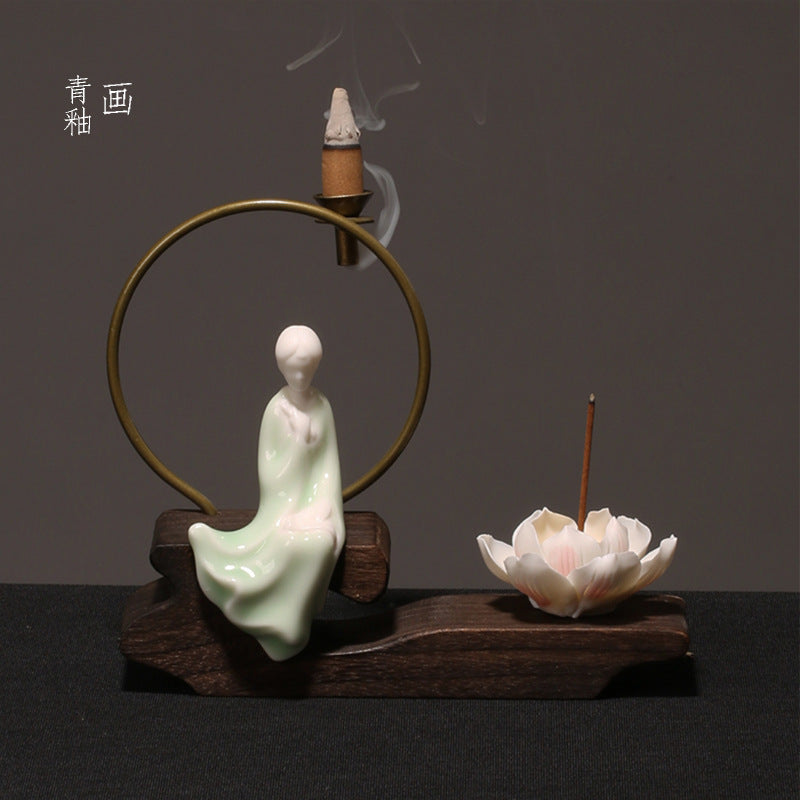 zensoullab Creative Chinese Ceramic Ornament Phaseless Buddha Statue Home Backflow Incense Burner Sandalwood Aromatherapy Burner Incense Holder Incense Device Wooden Incense Stand