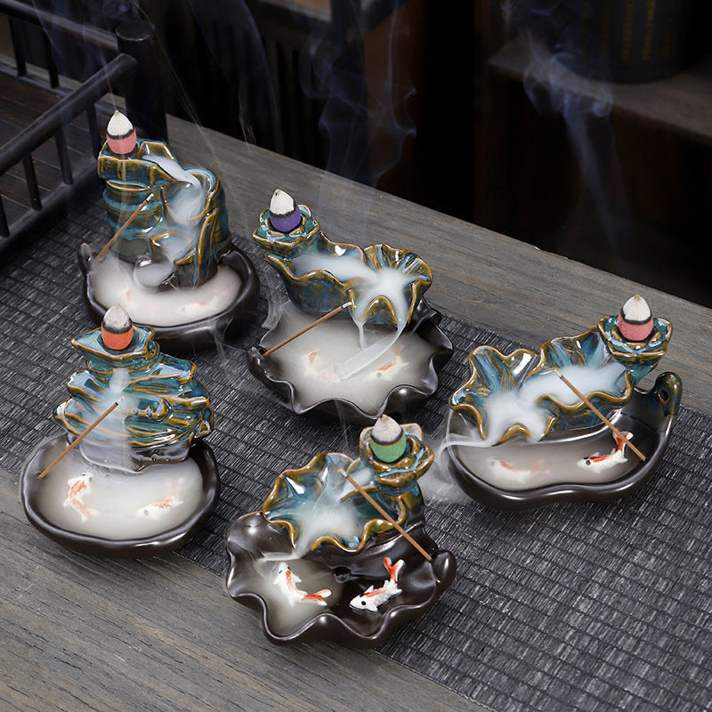 zensoullab Backflow Incense Burner Creative Home Decor Ceramic Burner Craft Zen Double Fish Backflow Sandalwood Ornament