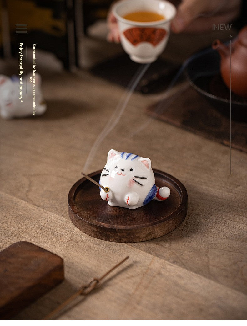 zensoullab Creative Ceramic Cute Little Cat Incense Holder Base Incense Tray Tea Room Tea Table Small Incense Burner Ornament Incense Burner