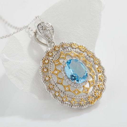 zensoullab Italian Craft Natural Topaz Hollow Necklace for Women with Unique Design Sense, Niche Light Luxury Pendant, S925 Sterling Silver Inlaid