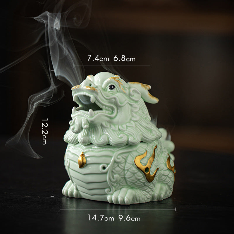 Zensoullab Creative Ceramic KIRIN Incense Coil Burner Home Indoor Auspicious Beast Incense Burner Sandalwood Agarwood Point Incense Box Desktop Incense Ceremony Decoration