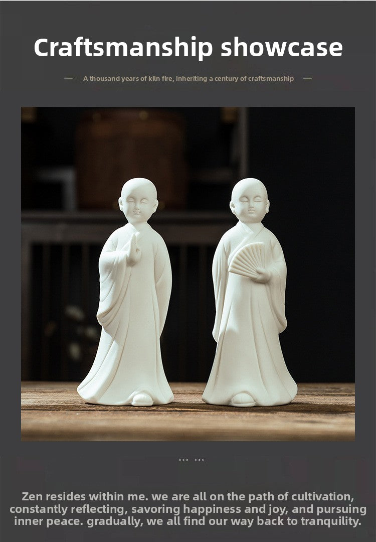 zensoullab Zen Ceramic Little Monk Figurine White Porcelain Little Novice Creative Chinese Style Living Room Entrance Tea Table Incense Home Decor