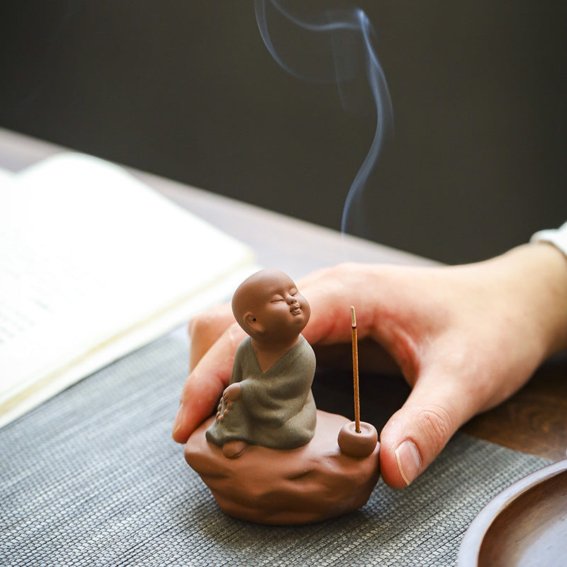 zensoullab Zen Purple Clay Little Monk Incense Holder Ornament for Home Indoor Living Room Tea Tray Incense Ceremony Sandalwood Stand Incense Tray Incense Burner
