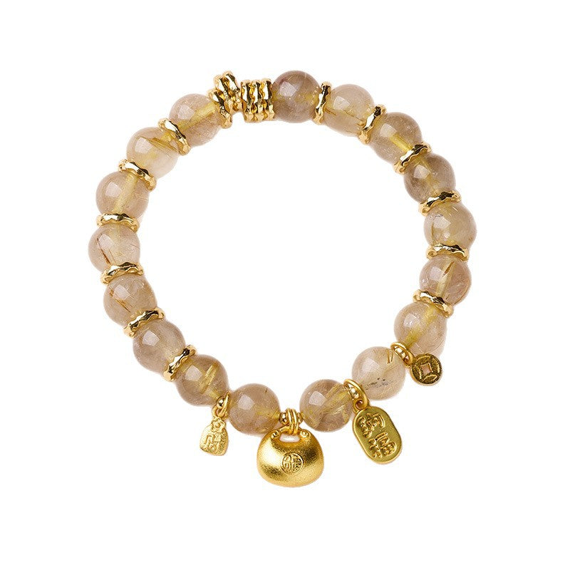 zensoullab Natural 10MM Golden Rutilated Quartz Bracelet for Women, Twisted Good Luck and Peace Lock, High-end Crystal Bracelet