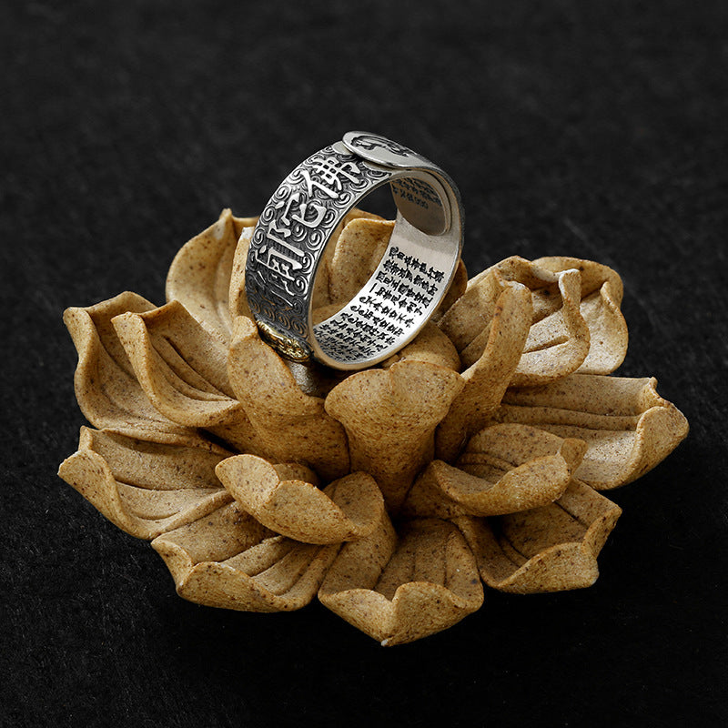 zensoullab Vintage Eight Guardian Deities Ring for Men Heart Sutra Zodiac Year Open Ring Imitation Thai Silver Six-Word Mantra Men's Ring