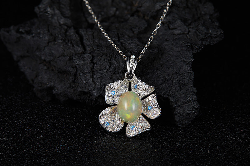 zensoullab Popular Flower Pendant S925 Sterling Silver Inlaid with Natural Opal Gemstone Necklace for Women