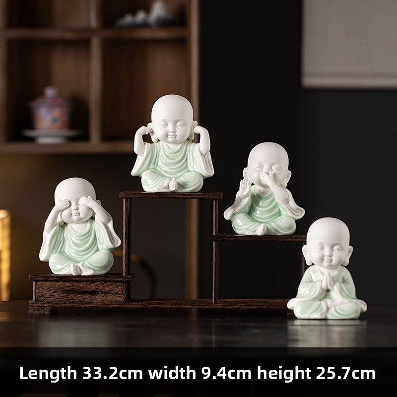 zensoullab Chinese Zen Style Four Little Monks Figurines Ceramic Characters Buddhist Home Living Room Curio Cabinet Decorations Micro Landscape