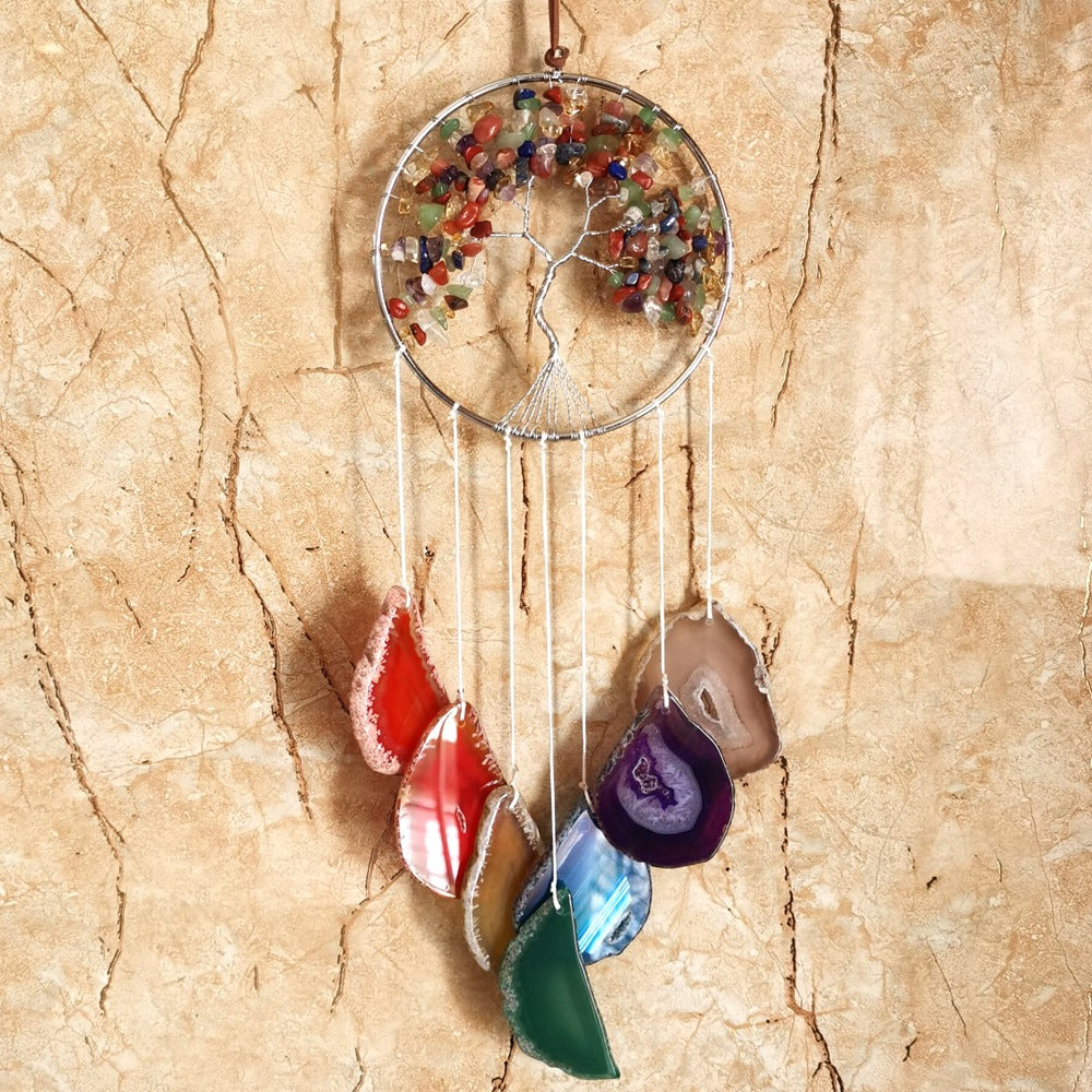 zensoullab Handmade Wrapped Natural Crushed Stone Tree of Life Agate Slice Hanging Ornament Garden Decoration Curtain Pendant
