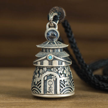 zensoullab Thai Silver Vintage Openable Buddha Pagoda Necklace with Heart Sutra Pendant Hollow Design for Men and Women