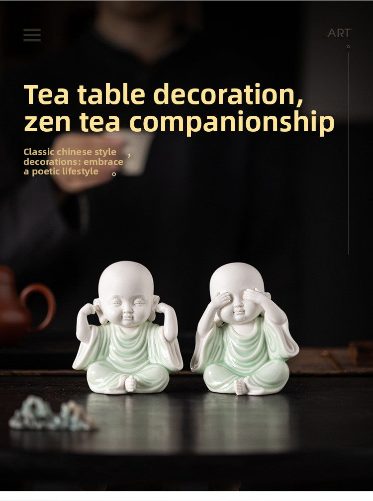 zensoullab Chinese Zen Style Four Little Monks Figurines Ceramic Characters Buddhist Home Living Room Curio Cabinet Decorations Micro Landscape