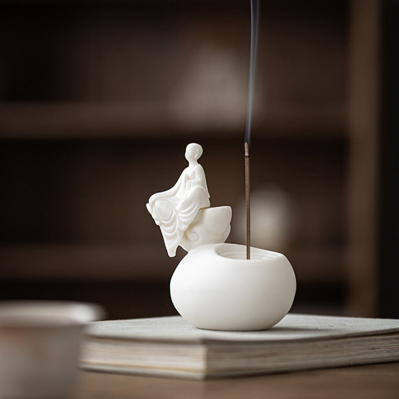 zensoullab Premium White Porcelain Incense Burner Little Monk Incense Holder Home Indoor Zen Style Formless Buddha Ornament Sandalwood Agarwood Aromatherapy Burner