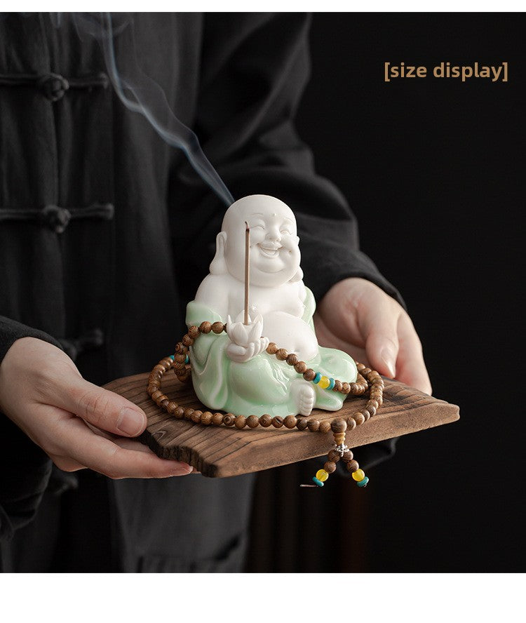 zensoullab Creative New Chinese Style Ceramic Maitreya Buddha Statue Desktop Ornament Home Incense Holder Incense Burner Incense Tray