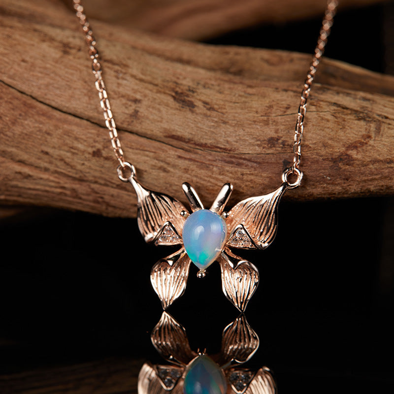 zensoullab Custom Personalized Butterfly Style S925 Sterling Silver Inlaid Natural Gemstone Opal Necklace for Women Live Streaming Hot-Selling Collarbone Chain