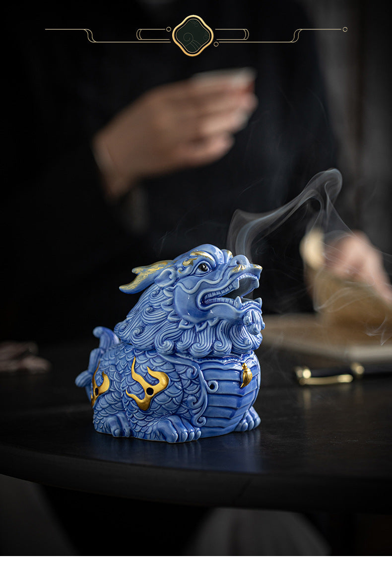 Zensoullab Creative Ceramic KIRIN Incense Coil Burner Home Indoor Auspicious Beast Incense Burner Sandalwood Agarwood Point Incense Box Desktop Incense Ceremony Decoration