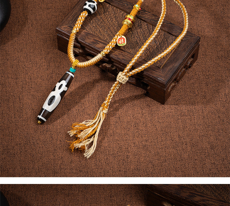 zensoullab Natural Tibetan Style Yellow Nine-Eyed Dzi Bead Necklace Multi-Totem Agate Pendant Couple Style Woven Necklace In Stock