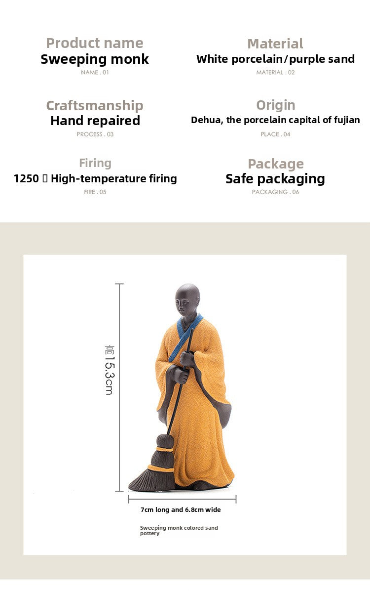 zensoullab Sweeping Monk Ceramic Little Monk Creative Ornament Chinese Style Study Office Zen Desktop Decoration Craft Display