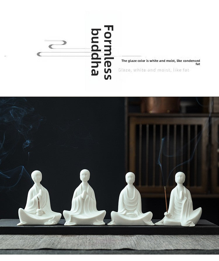 zensoullab Zen Ceramic Formless Buddha Chinese Style Living Room Tea Room Desktop Ornament White Porcelain Little Monk Fish Tank Bonsai Decoration Figurine