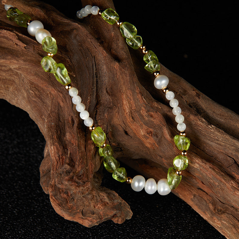 zensoullab S925 Sterling Silver Natural Peridot Pearl White Shell Gemstone Necklace for Women, Niche Sweet High-end Beaded Collarbone Chain